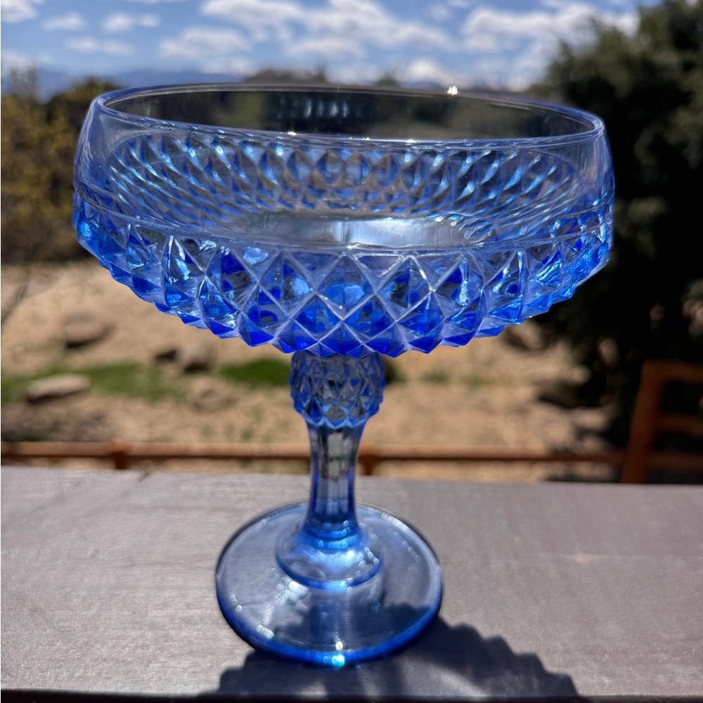 SOLD Blue Diamond Point Pedestal Compote Candy Dish Indiana Glass 7.25"